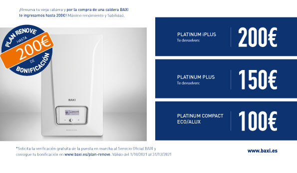 Súmate al Plan RENOVE con calderas BAXI y tus clientes recibirán hasta 200€!